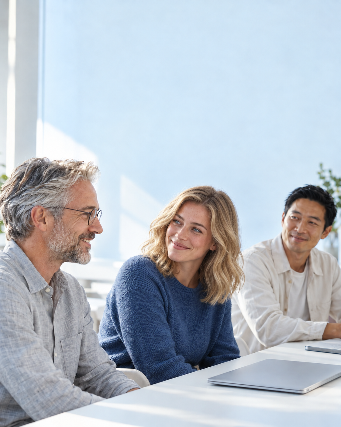 Illustrative concept of three naturally smiling adult professionals working together at a laptop.