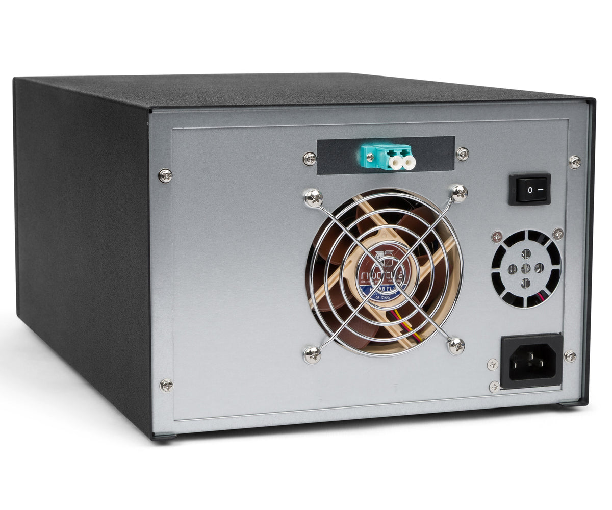 Rear view of MagStor BASE Series Fibre Channel desktop tape drive with FC ports, cooling fan, power switch, and AC input