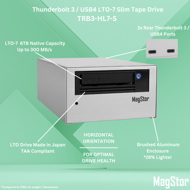 MagStor LTO-7 6TB Thunderbolt 3 / USB4 Slim Desktop Tape Drive TAA