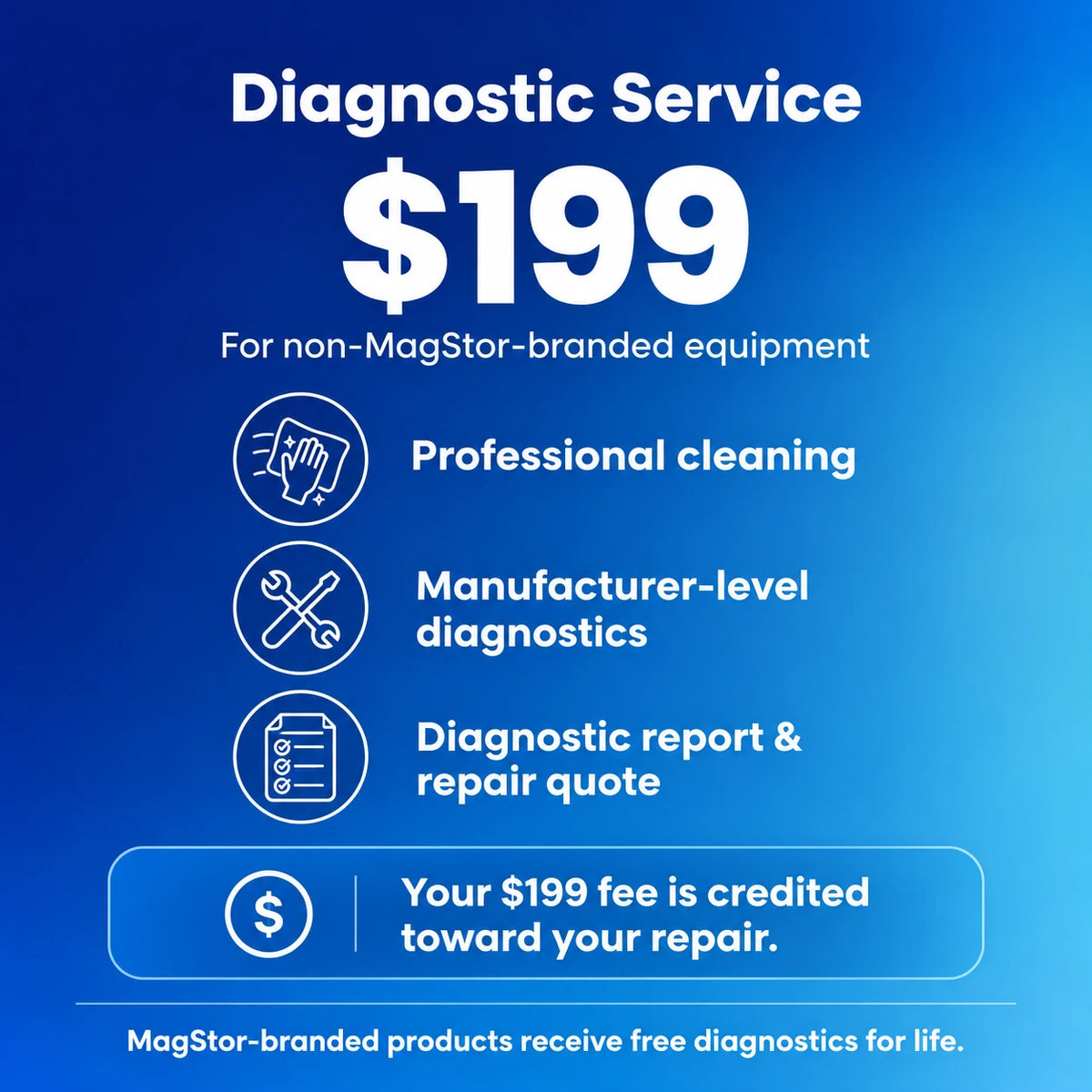 $199 diagnostics for non-MagStor equipment; MagStor-branded products receive free diagnostics for life