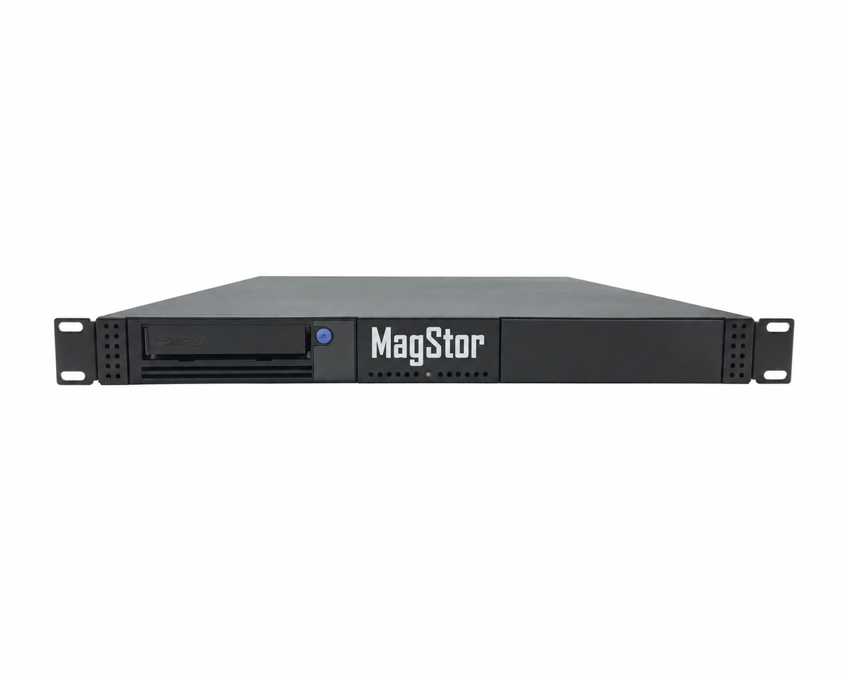 MagStor SAS-1U-HL9 1U rackmount with one LTO-9 drive installed on the left and blank right bay