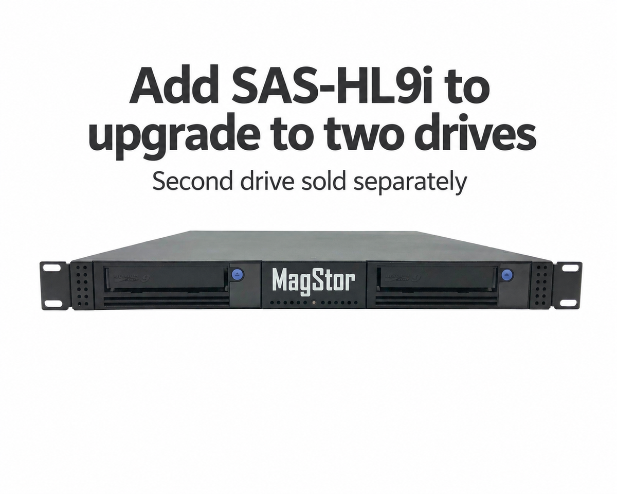 Optional dual-drive upgrade: add SAS-HL9i to upgrade SAS-1U-HL9 to two LTO-9 drives; second drive sold separately