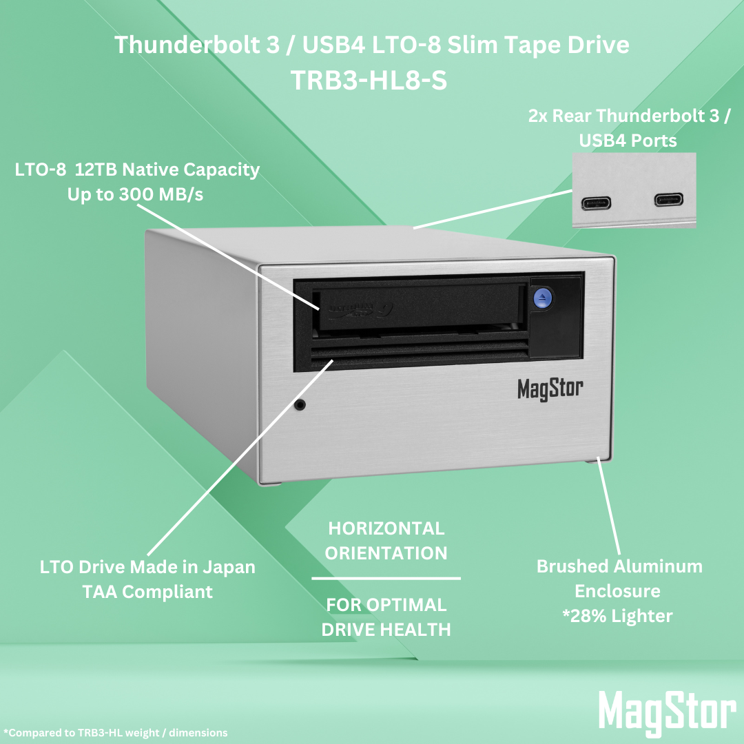 MagStor LTO-8 12TB Thunderbolt 3 / USB4 Slim Desktop Tape Drive TAA Certified Refurbished 1YR Warranty 3