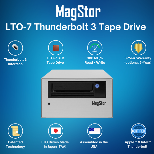 MagStor LTO-7 6TB Thunderbolt 3 / USB4 Slim Desktop Tape Drive TAA