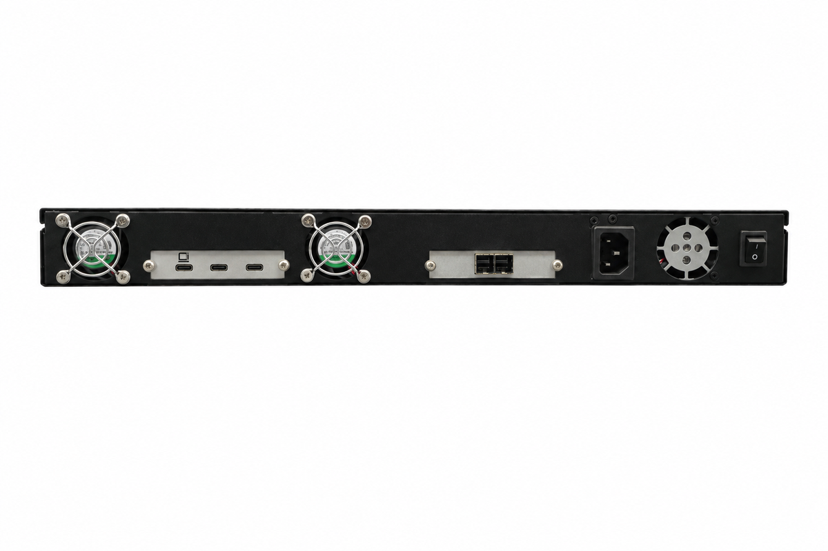 MagStor TRB5-1U-SAS-BRIDGE rear panel with three USB-C ports, PC host icon, SAS connections, cooling fans and power inlet
