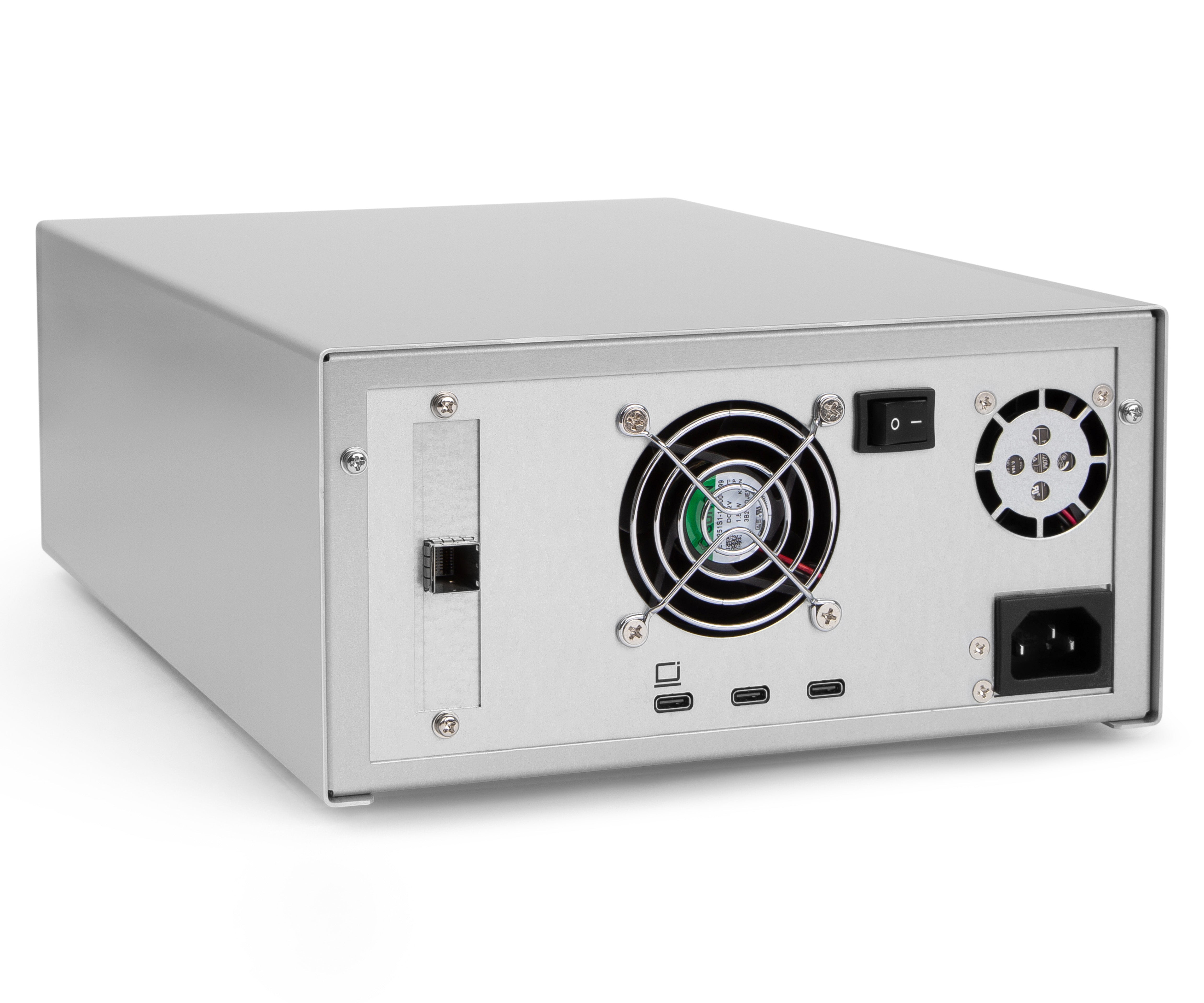 Rear panel of MagStor TRB5-HL8-AIR showing Thunderbolt USB4 ports, SAS expansion, and power connection