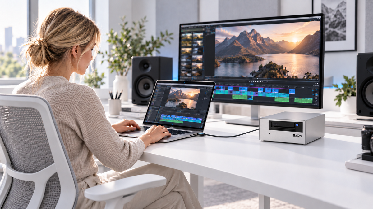 MagStor AIR desktop tape drive beside a laptop in a video-editing workspace