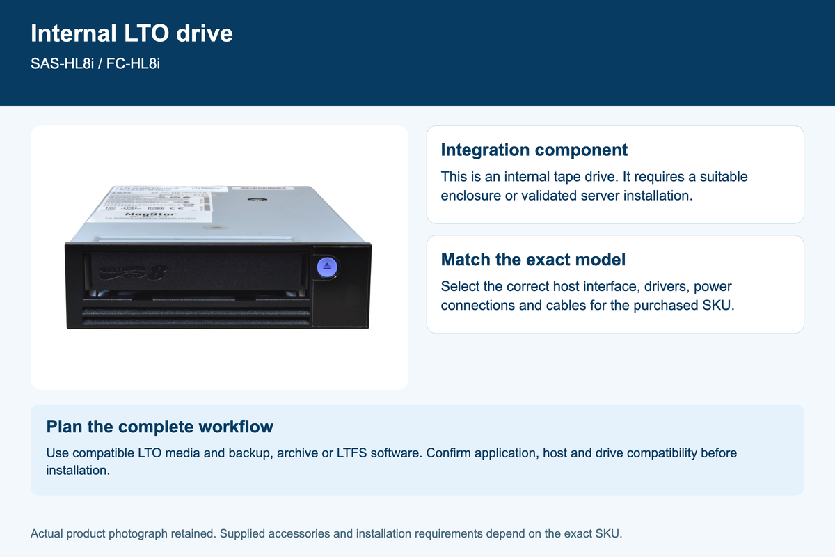 MagStor LTO8 HH SAS Internal Tape Drive 12TB LTFS , SAS-HL8i LTO-8 TAA — internal-drive overview infographic using actual product photo