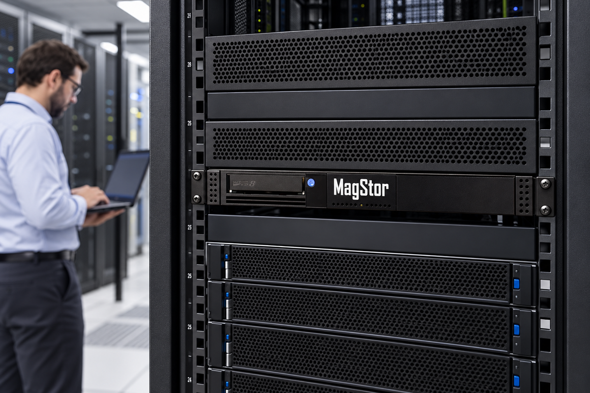 MagStor SAS-1U-HL8, FC-1U-HL8 installed in a server-room rack.