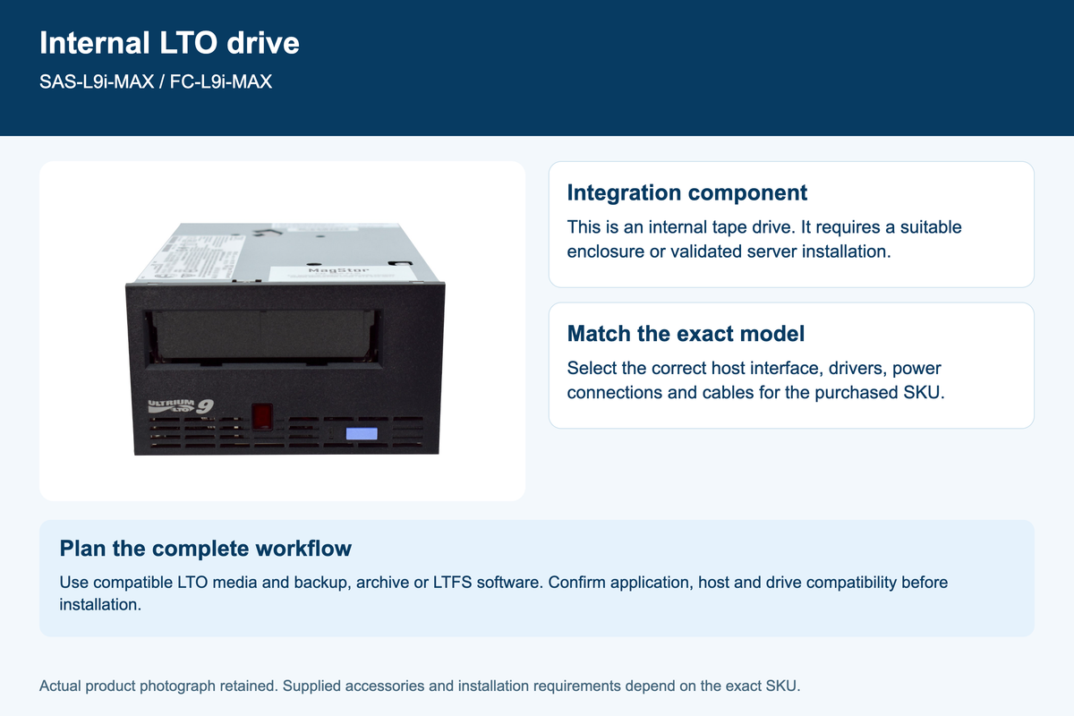 MagStor LTO9 FH SAS Internal Tape Drive 18TB LTFS , SAS-L9i LTO-9 TAA — internal-drive overview infographic using actual product photo