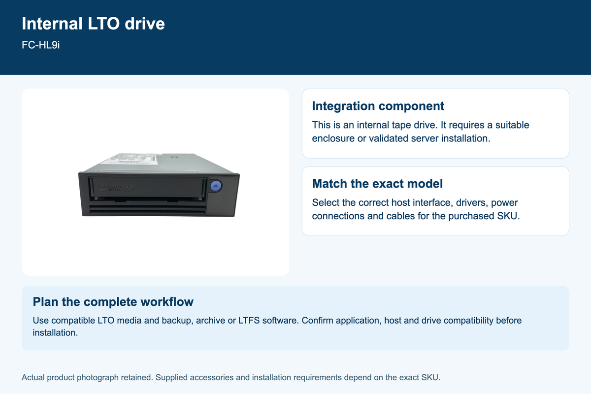 MagStor LTO9 HH 8G FC Internal Tape Drive 18TB LTFS , FC-HL9i LTO-9 TAA — internal-drive overview infographic using actual product photo