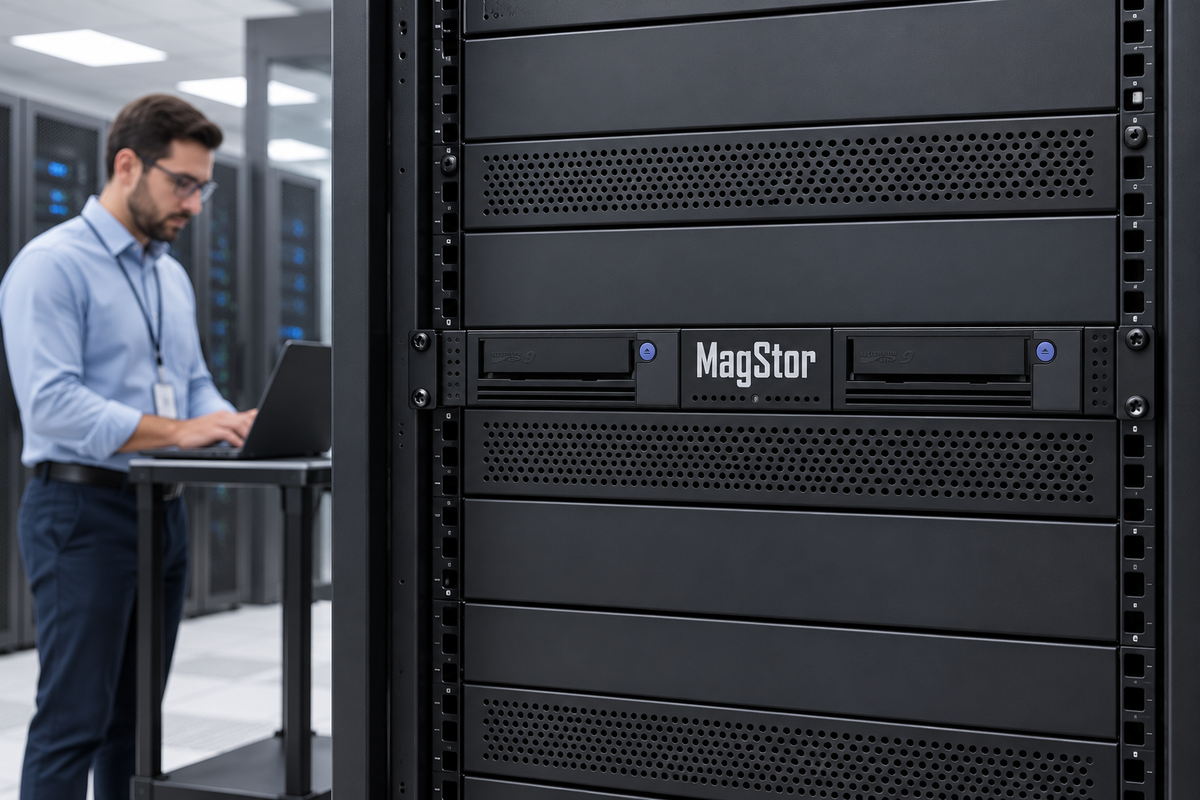 MagStor FC-1U-HL9-DUAL installed in a server-room rack.