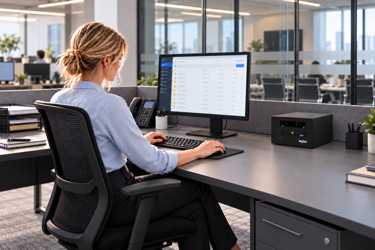 MagStor BASE Fibre Channel desktop tape drive at a corporate workstation.