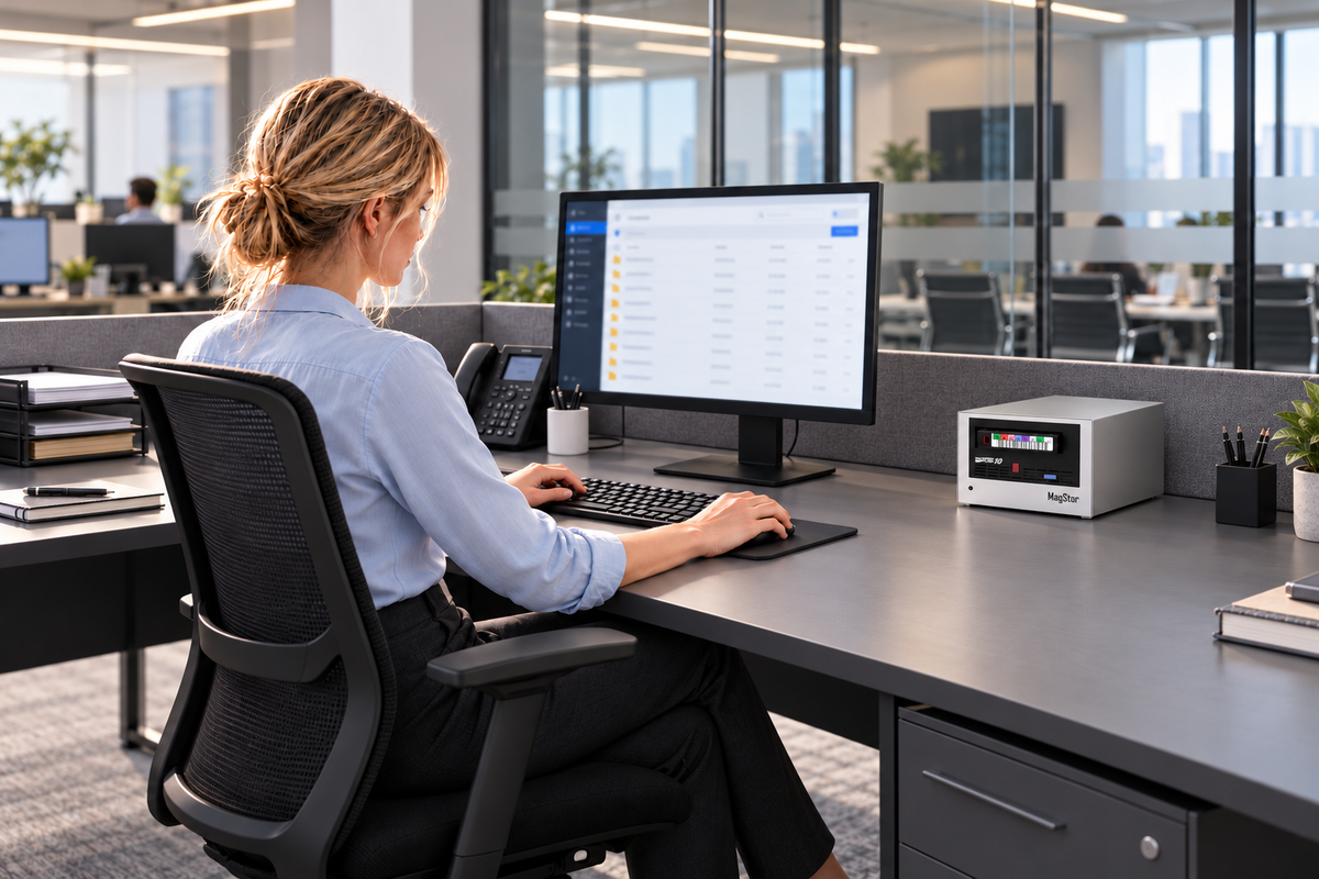 MagStor LTO-10 MAX SAS desktop tape drive positioned toward the back of a deep corporate desk.