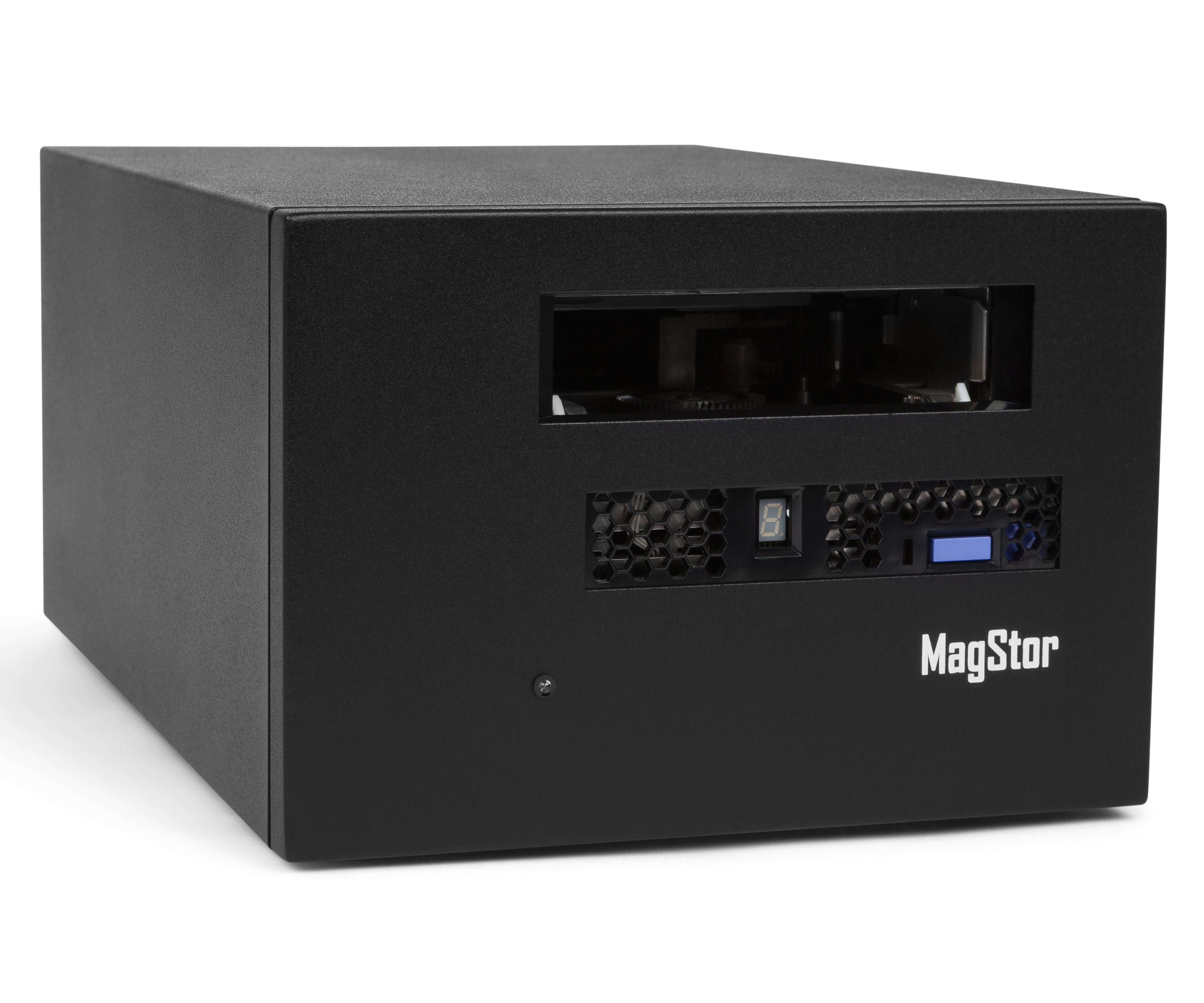 MagStor TRB5-L8-BASE enterprise recertified LTO-8 Thunderbolt USB4 desktop tape drive, front angle view