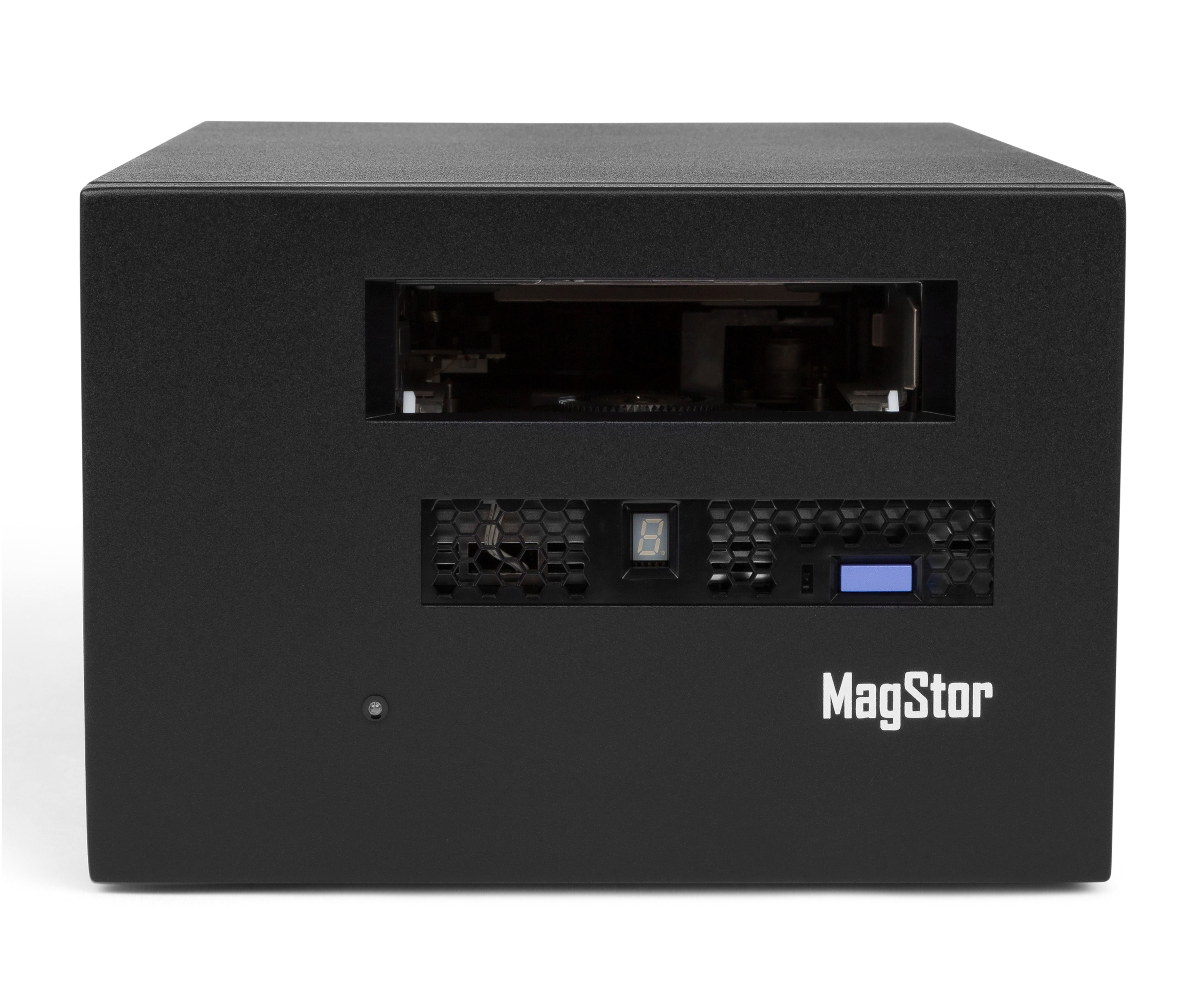 Front view of MagStor TRB5-L8-BASE enterprise recertified LTO-8 Thunderbolt USB4 desktop tape drive