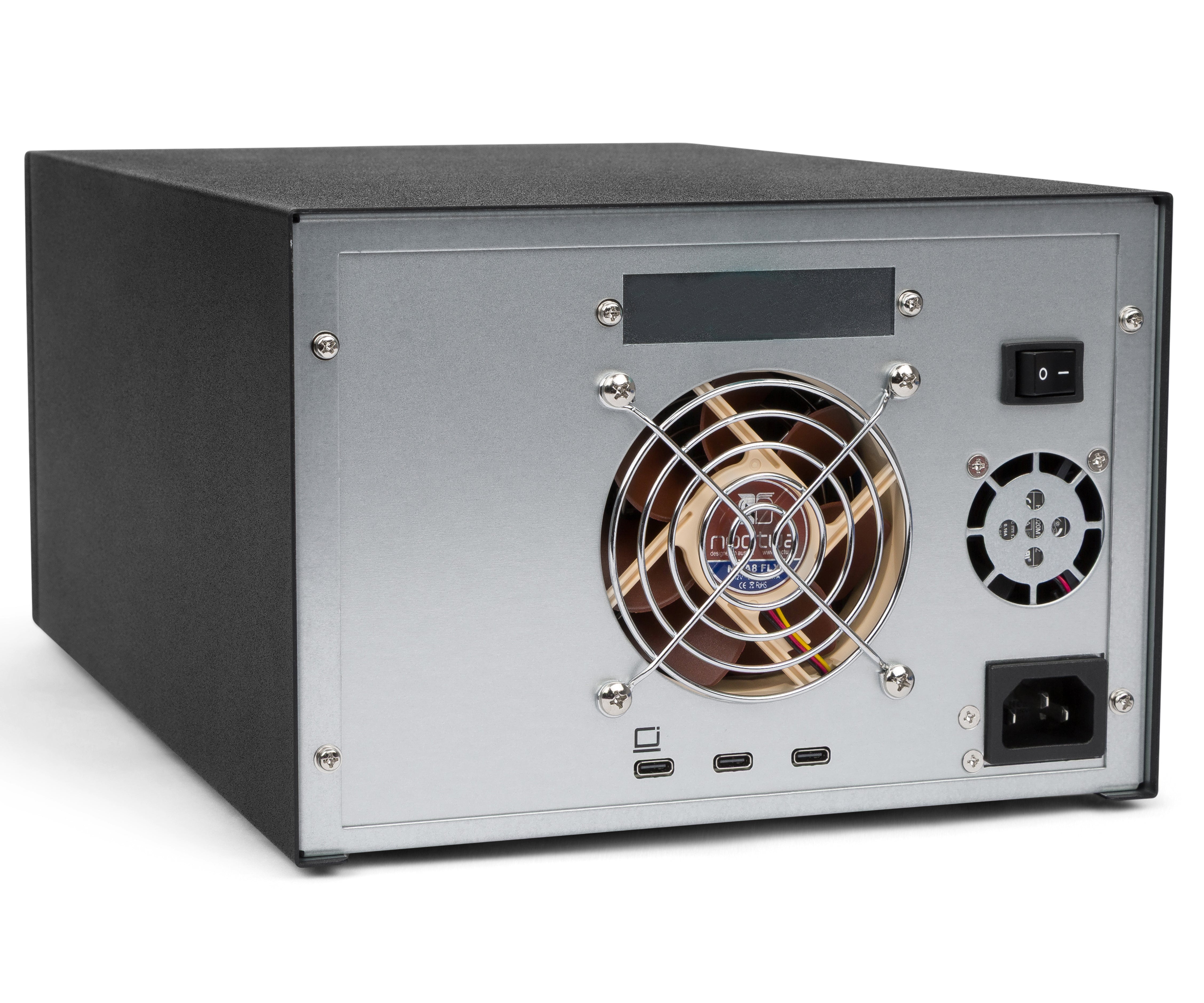 Rear view of MagStor TRB5-L8-BASE showing Thunderbolt USB4 ports, cooling fans, power switch, and AC input